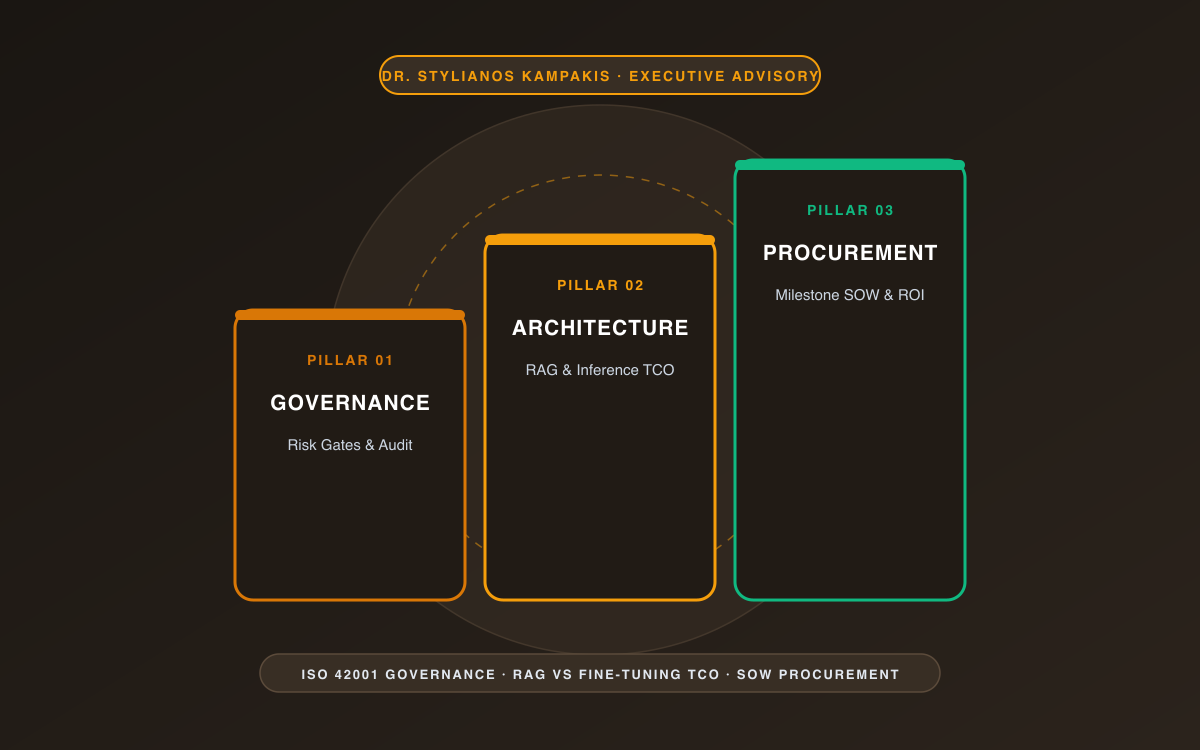 Three ascending executive strategy pillars connecting AI governance, RAG vs fine-tuning architecture economics, and milestone-gated procurement.